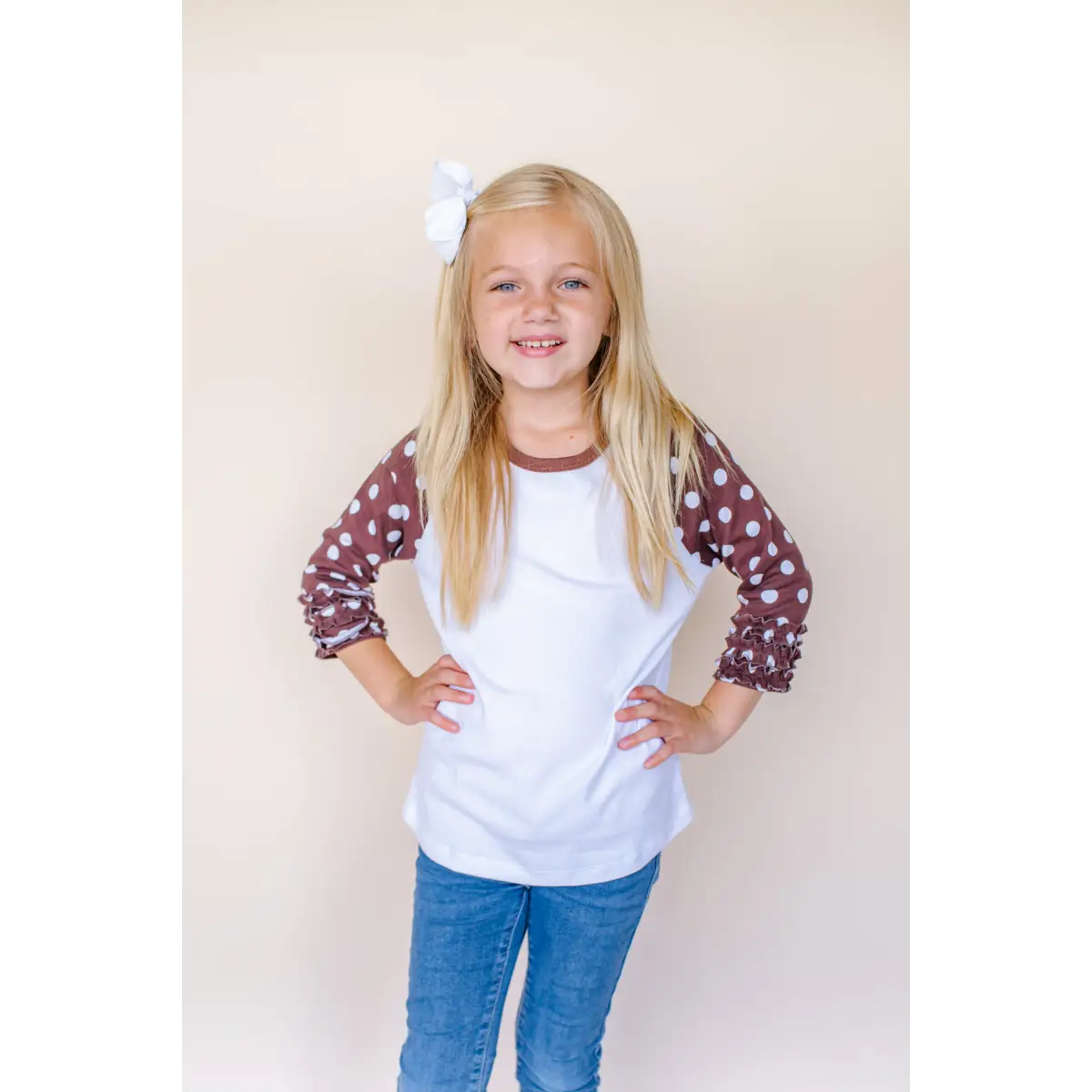 Girl’s Polka Dot Triple Ruffle Raglans - Brown & White / 12M - ARB Blanks