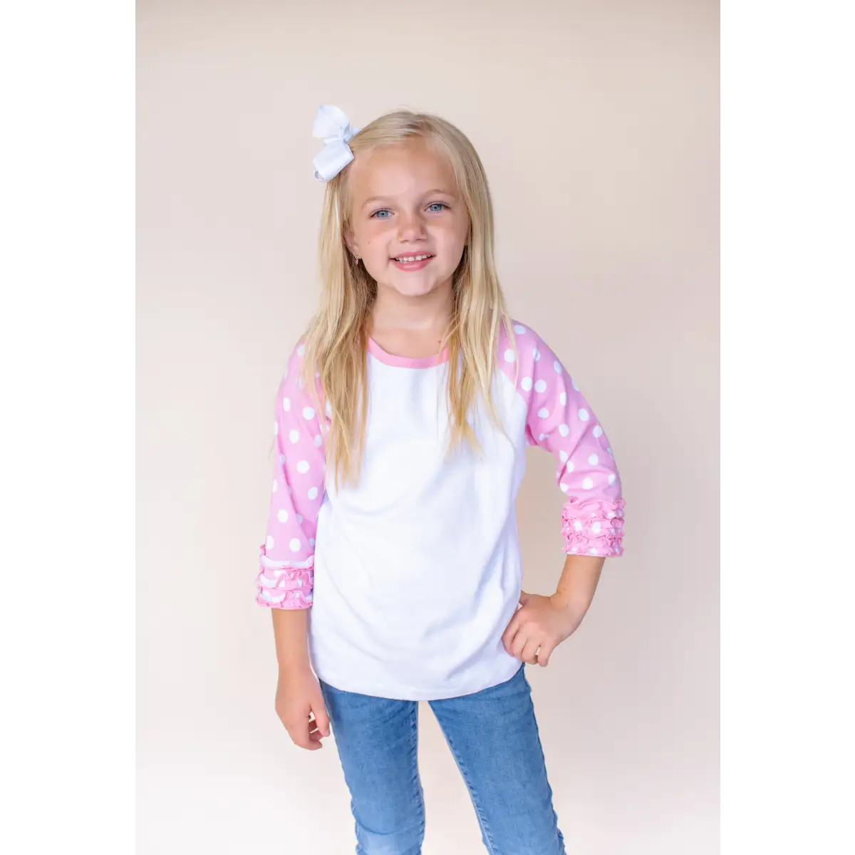Girl’s Polka Dot Triple Ruffle Raglans - Bubble Gum Pink & White / 12M - ARB Blanks