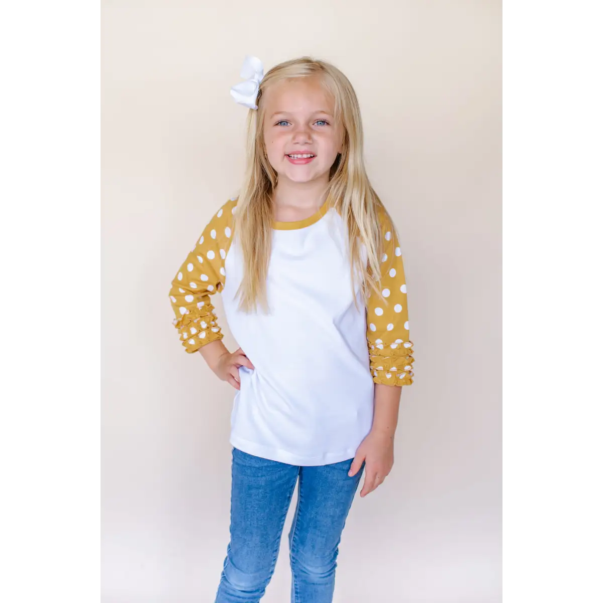Girl’s Polka Dot Triple Ruffle Raglans - Harvest Gold & White / 12M - ARB Blanks