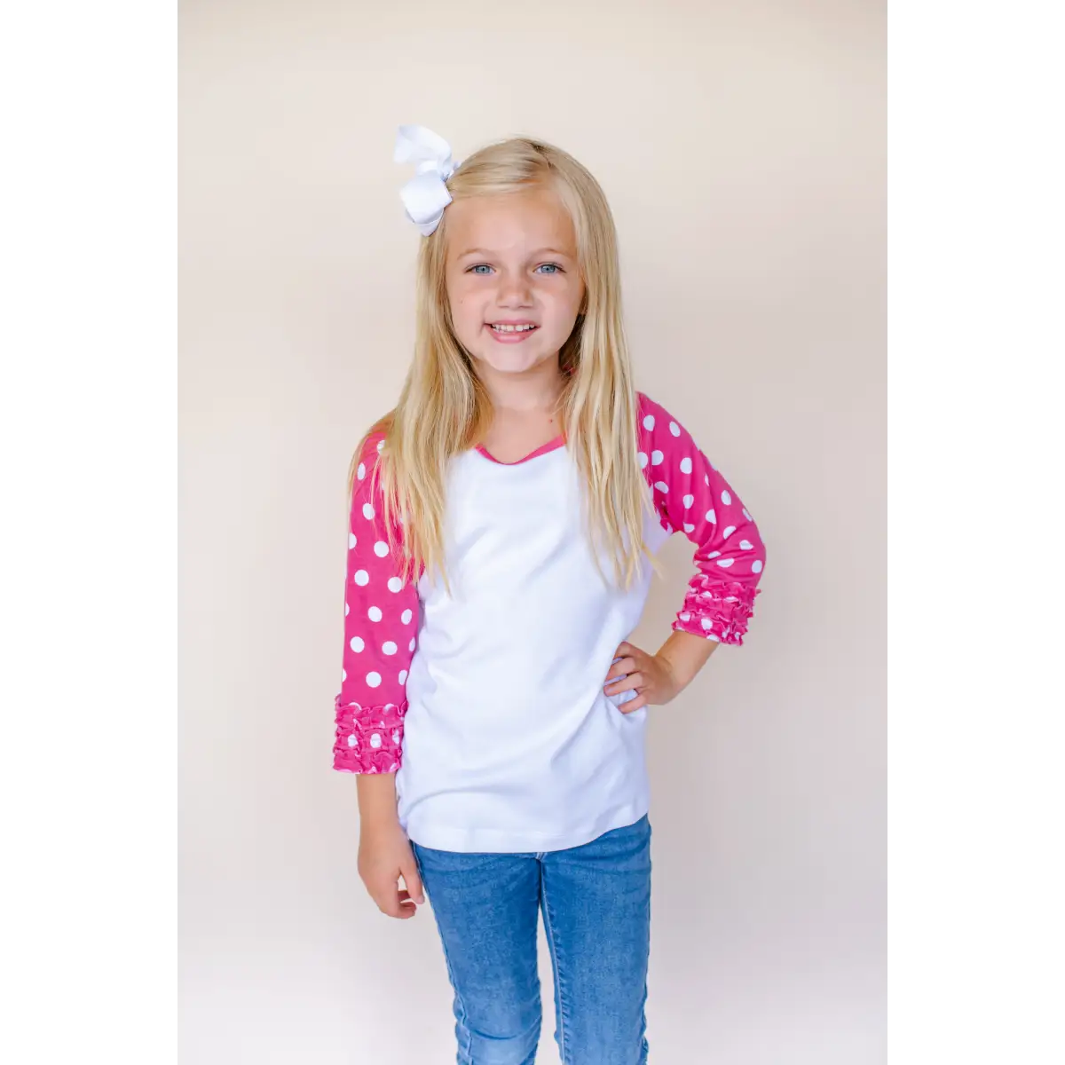 Girl’s Polka Dot Triple Ruffle Raglans - Hot Pink & White / 12M - ARB Blanks