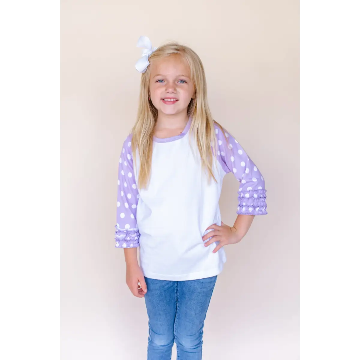 Girl’s Polka Dot Triple Ruffle Raglans - Lilac & White / 12M - ARB Blanks