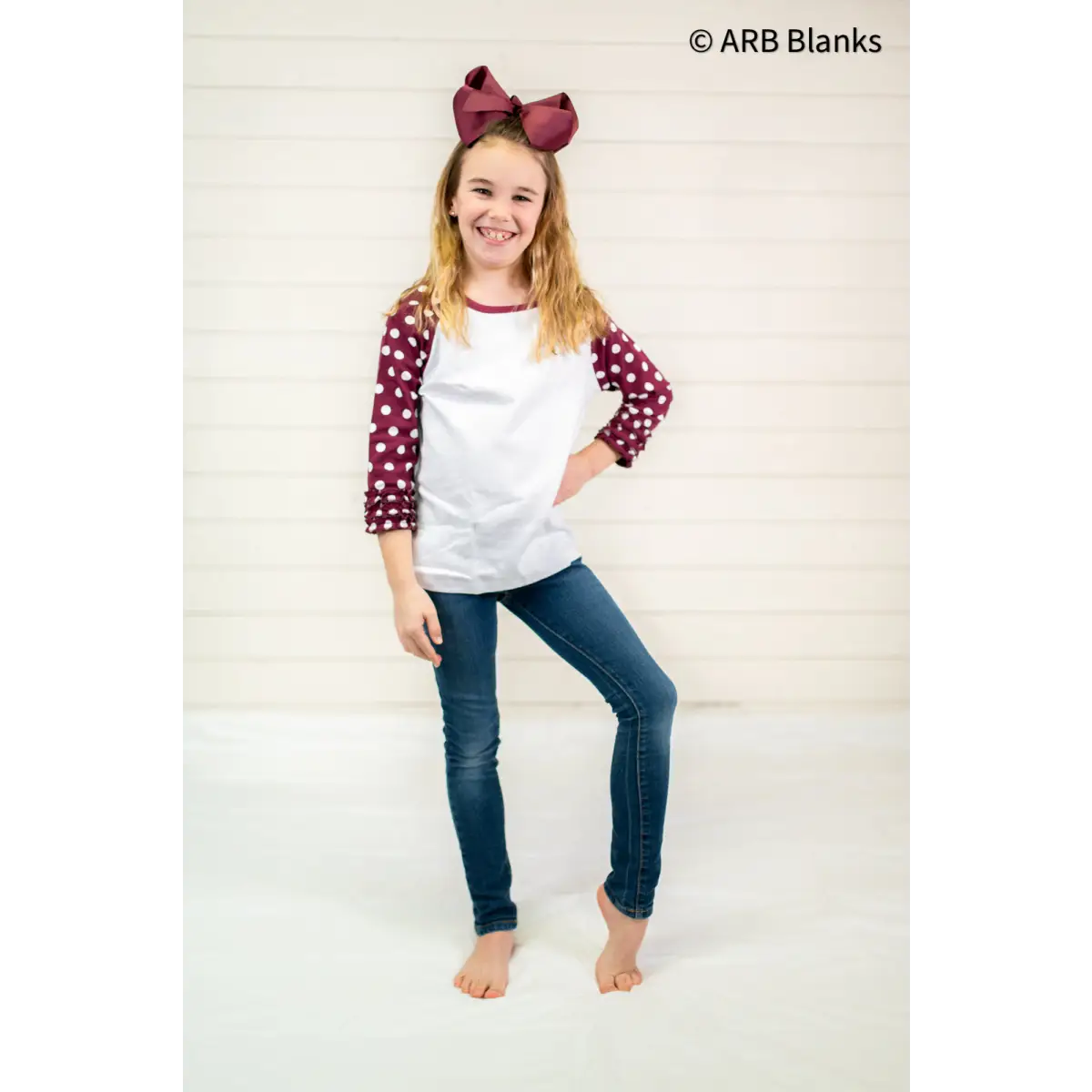 Girl’s Polka Dot Triple Ruffle Raglans - Maroon & White / 12M - ARB Blanks