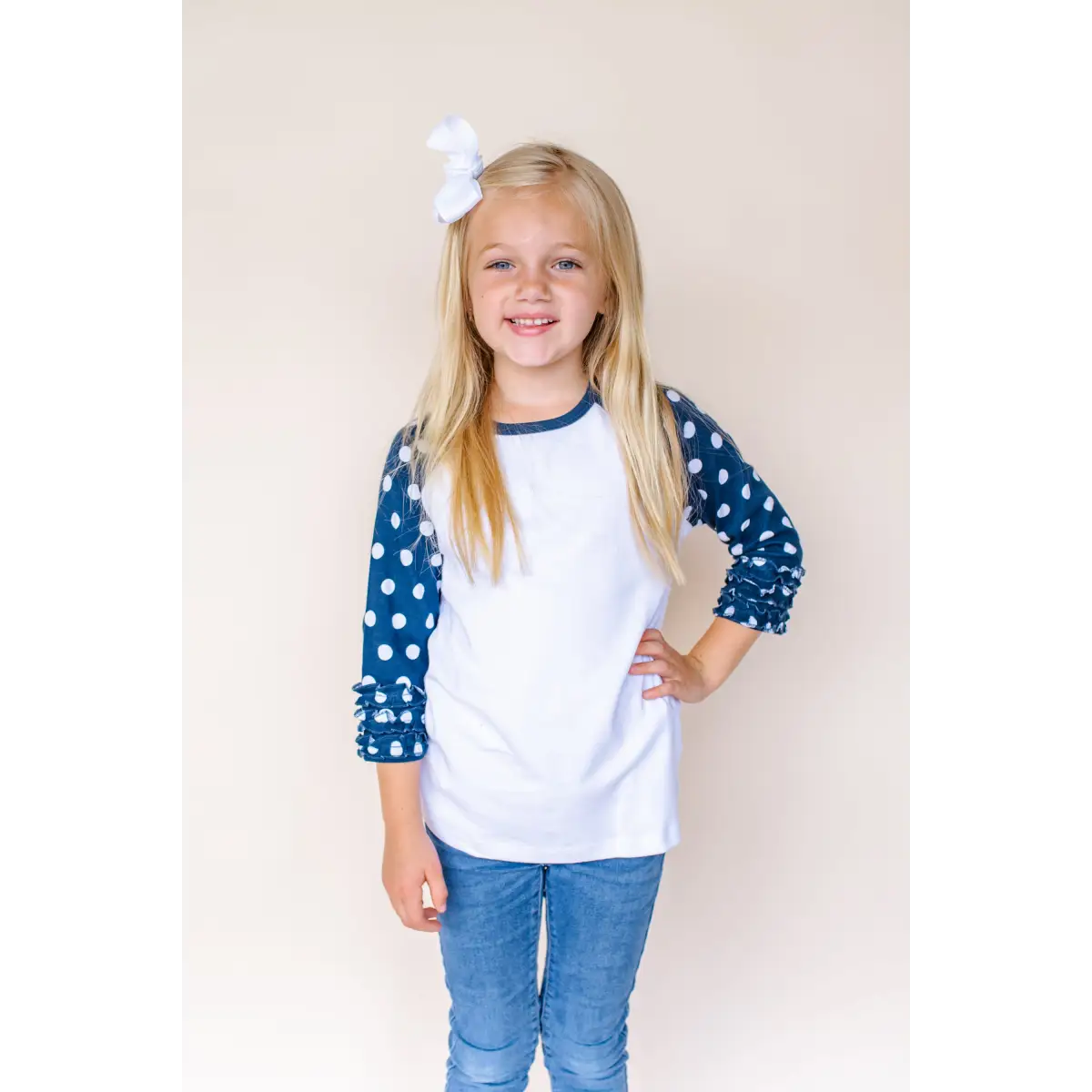 Girl’s Polka Dot Triple Ruffle Raglans - Navy & White / 12M - ARB Blanks