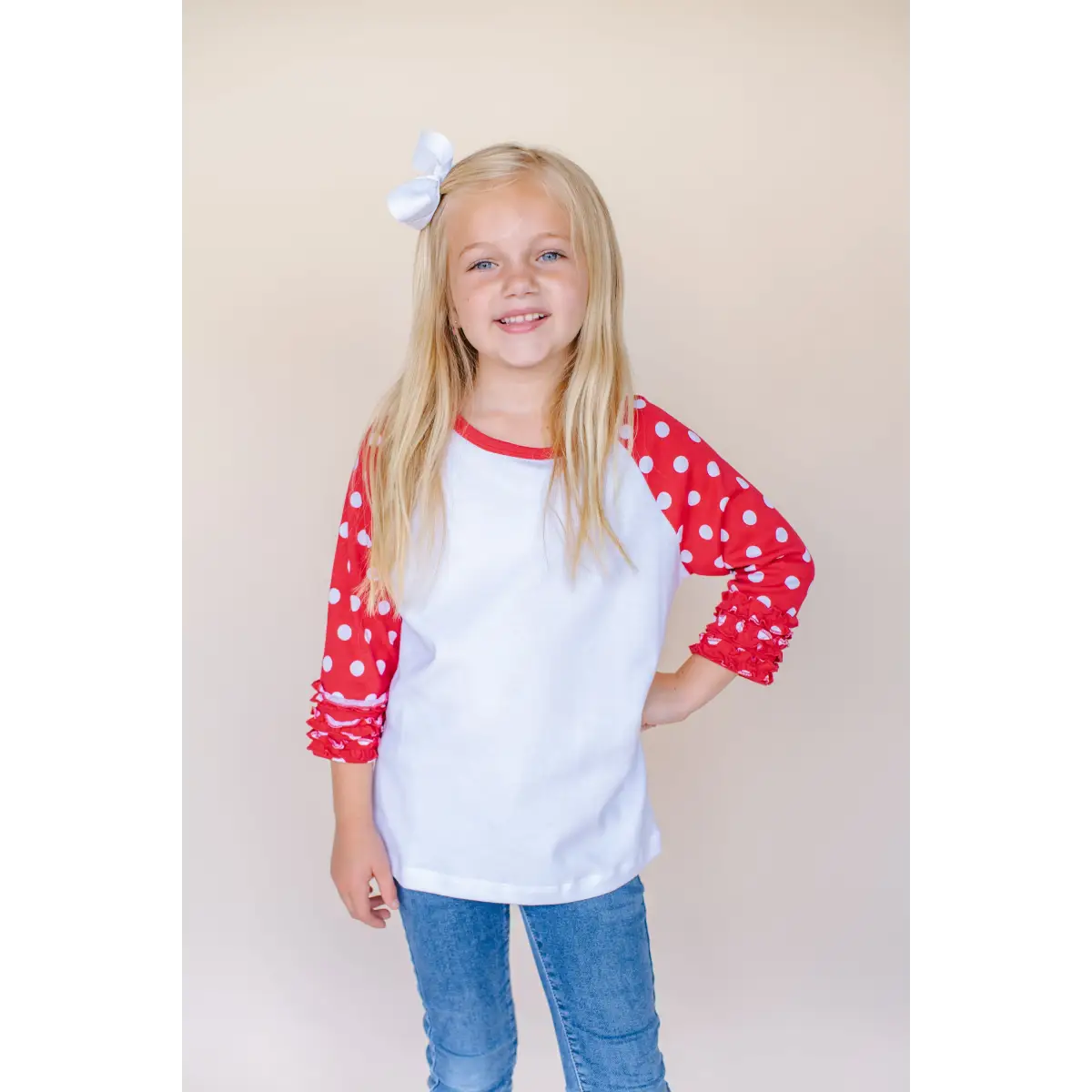 Girl’s Polka Dot Triple Ruffle Raglans - Red & White / 12M - ARB Blanks