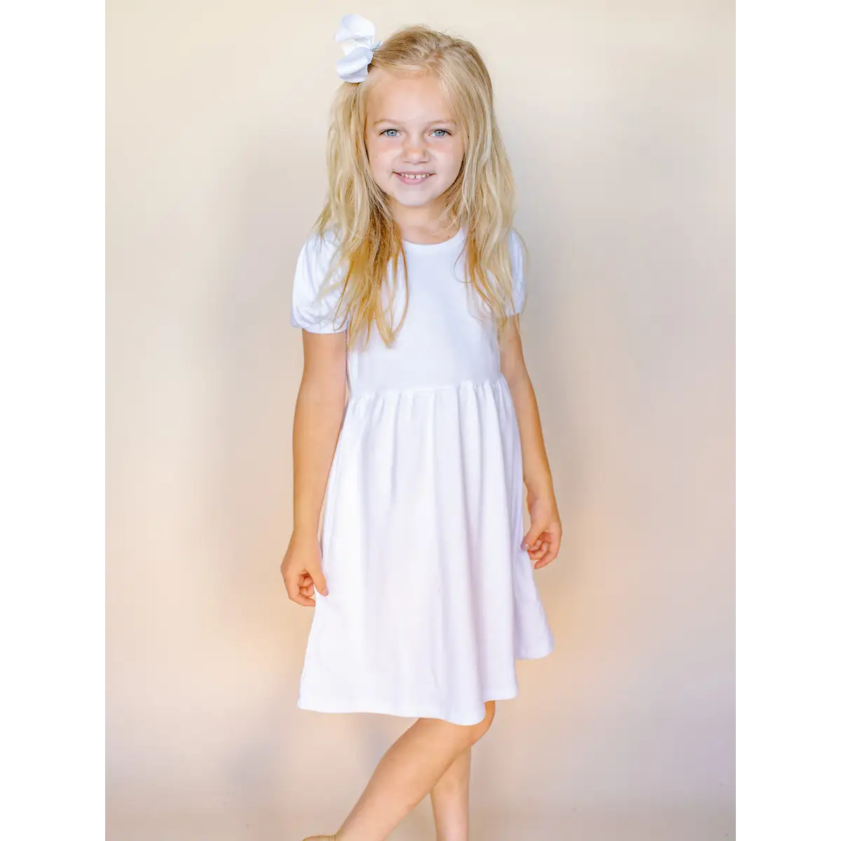 Girl’s Short Sleeve Puff Empire Waist Dress - White / 12M - ARB Blanks