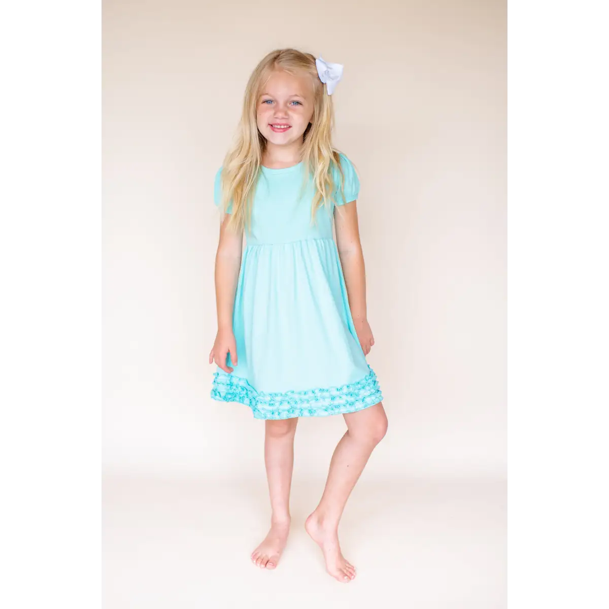 Girl’s Short Sleeve Ruffle Empire Waist Dress - Aruba Blue / 12M - ARB Blanks