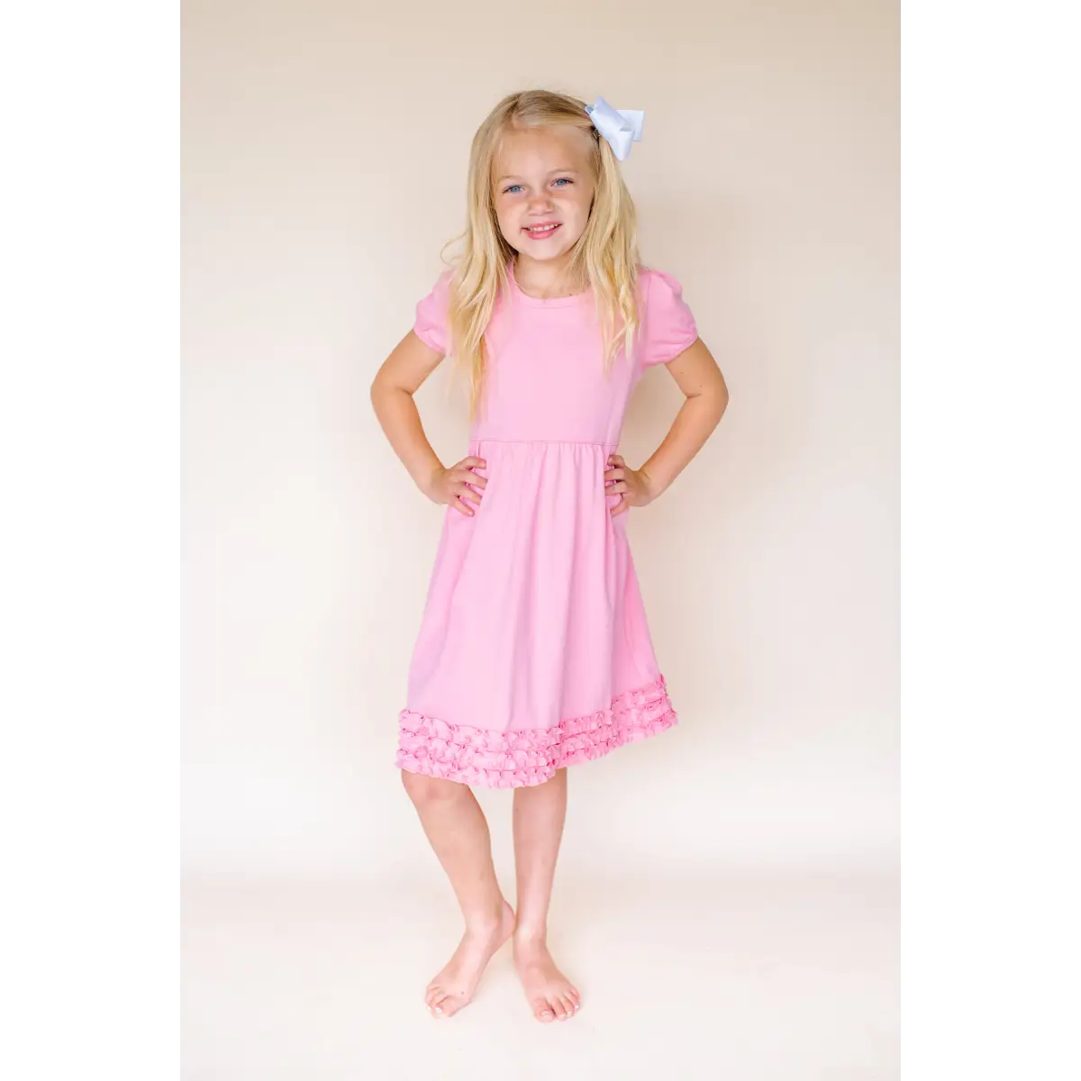 Girl’s Short Sleeve Ruffle Empire Waist Dress - Bubble Gum Pink / 12M - ARB Blanks