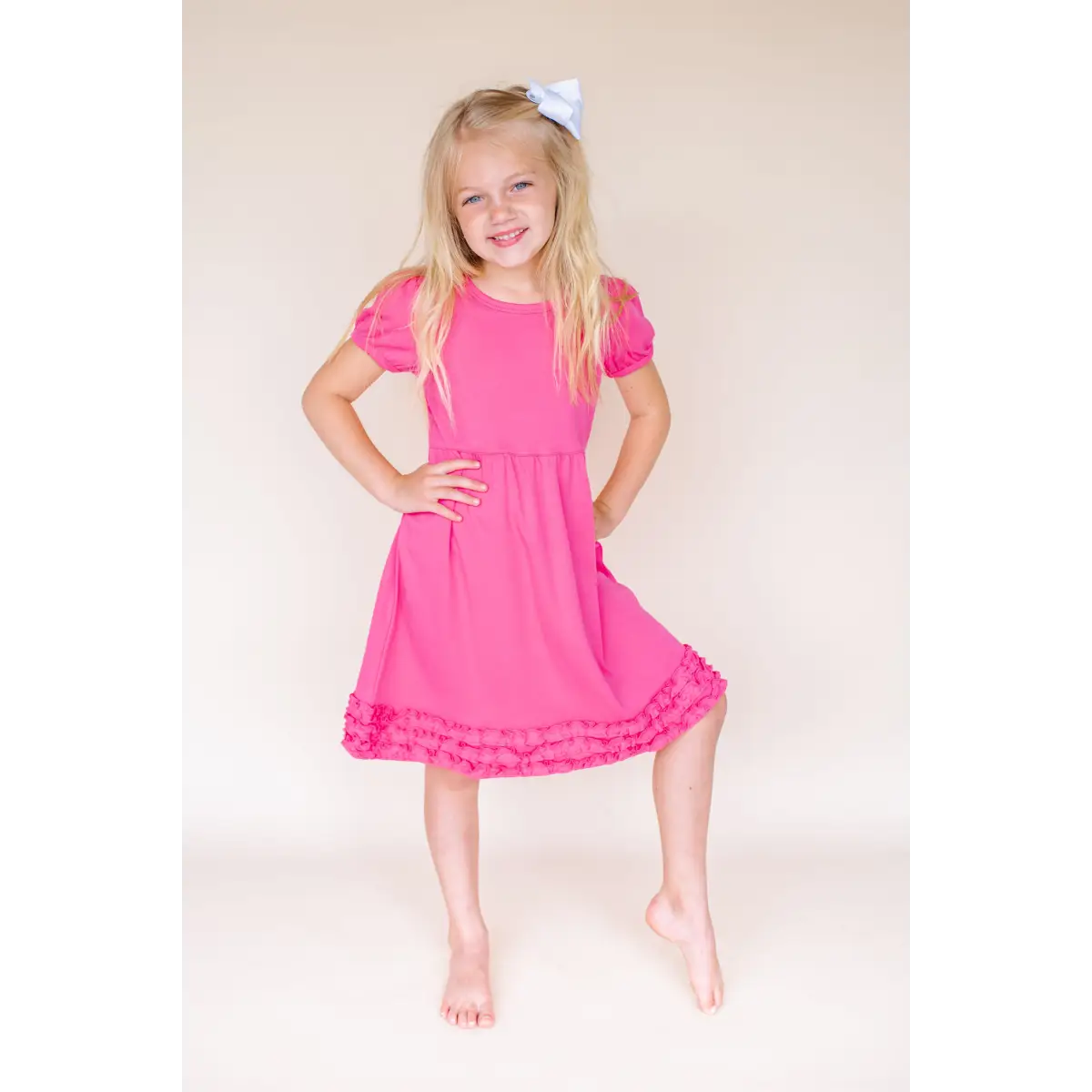 Girl’s Short Sleeve Ruffle Empire Waist Dress - Hot Pink / 12M - ARB Blanks