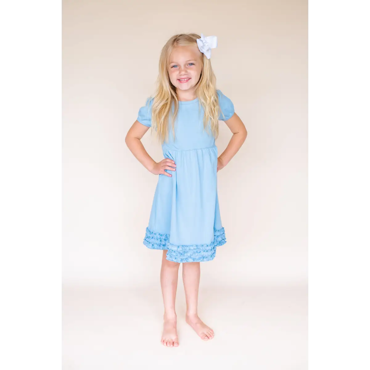 Girl’s Short Sleeve Ruffle Empire Waist Dress - Light Blue / 12M - ARB Blanks