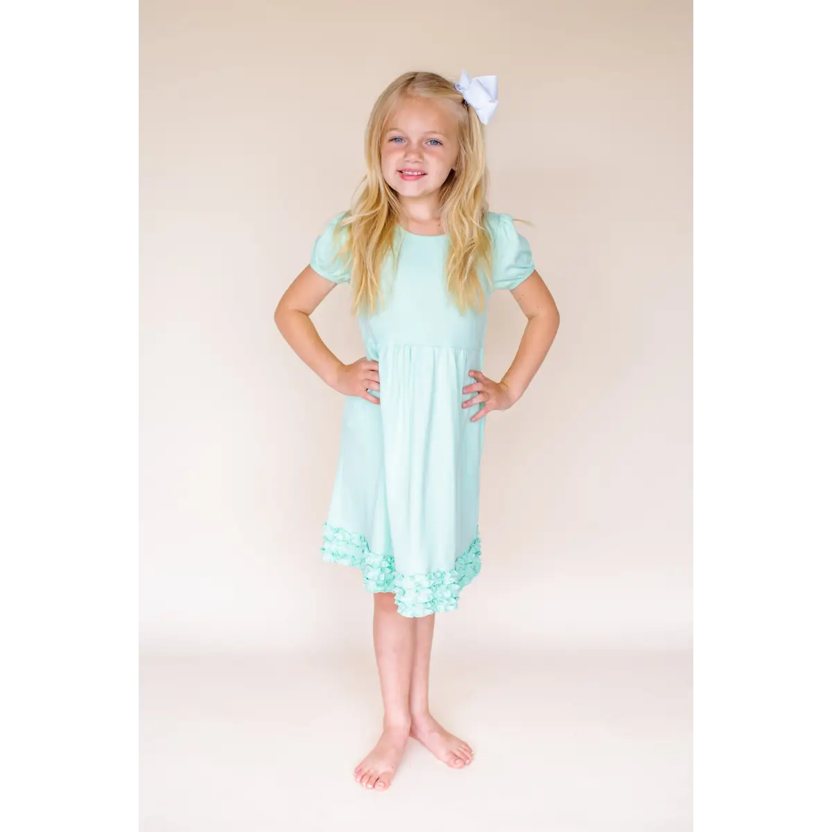Girl’s Short Sleeve Ruffle Empire Waist Dress - Mint / 12M - ARB Blanks