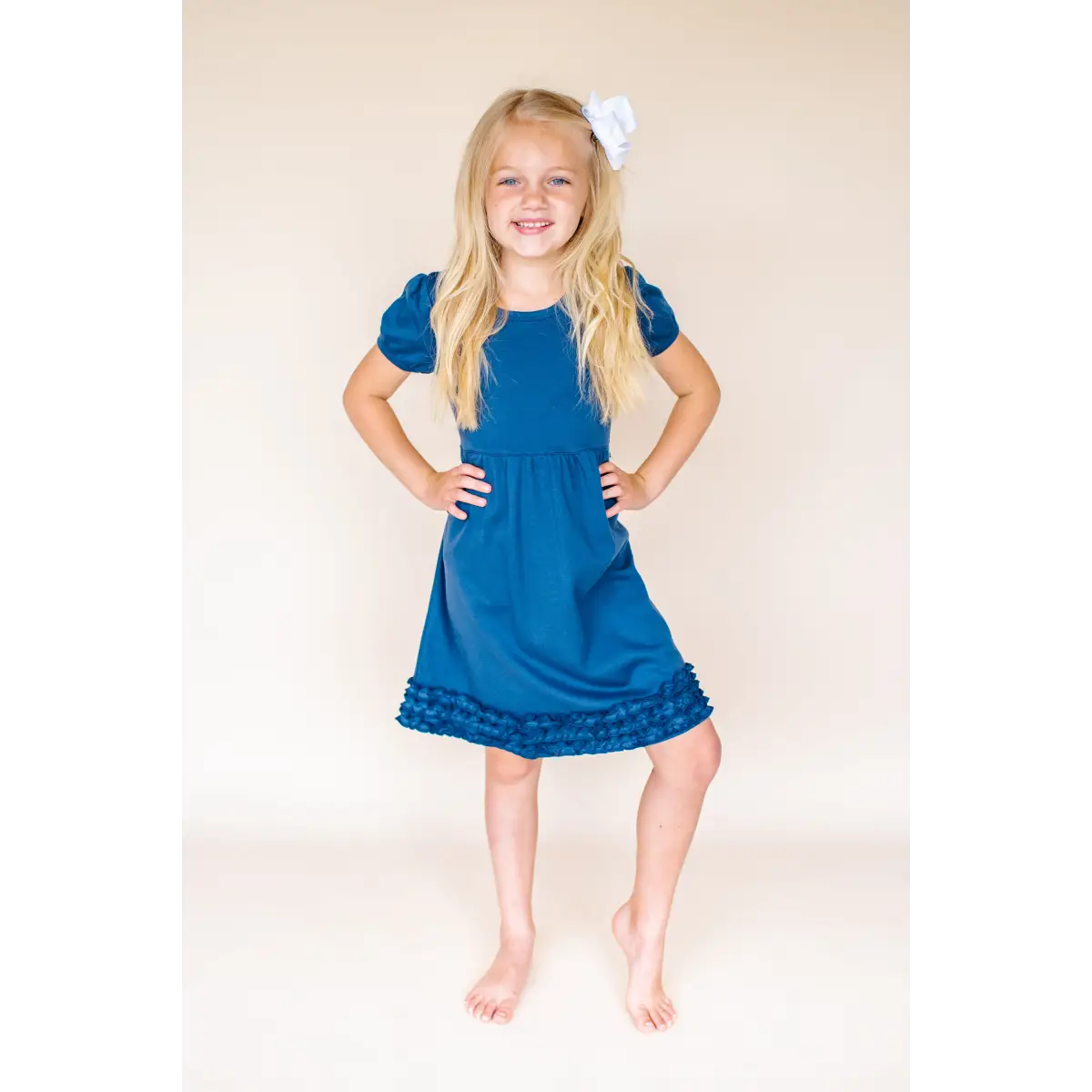 Girl’s Short Sleeve Ruffle Empire Waist Dress - Navy / 12M - ARB Blanks