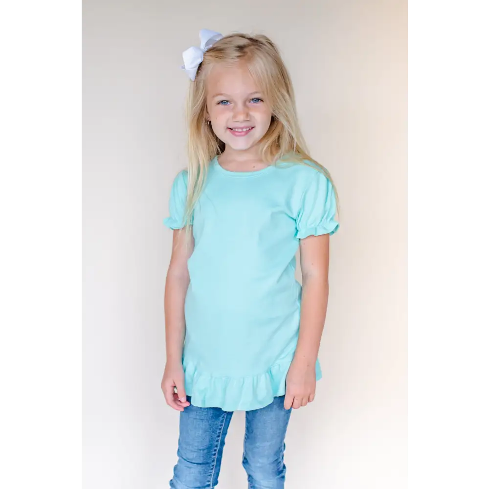 Girl’s Short Sleeve Ruffle Shirt (12M-Toddler) - Aruba Blue / 12M - ARB Blanks