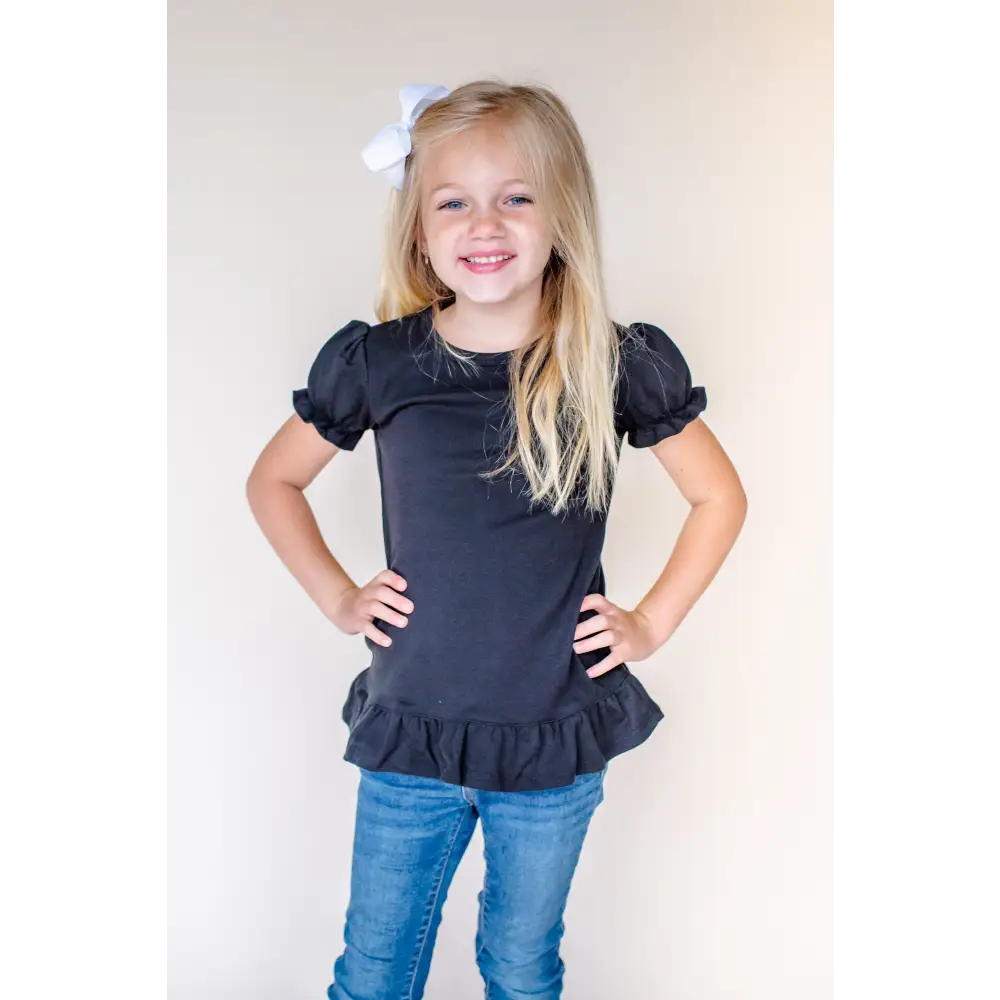 Girl’s Short Sleeve Ruffle Shirt (12M-Toddler) - Black / 12M - ARB Blanks