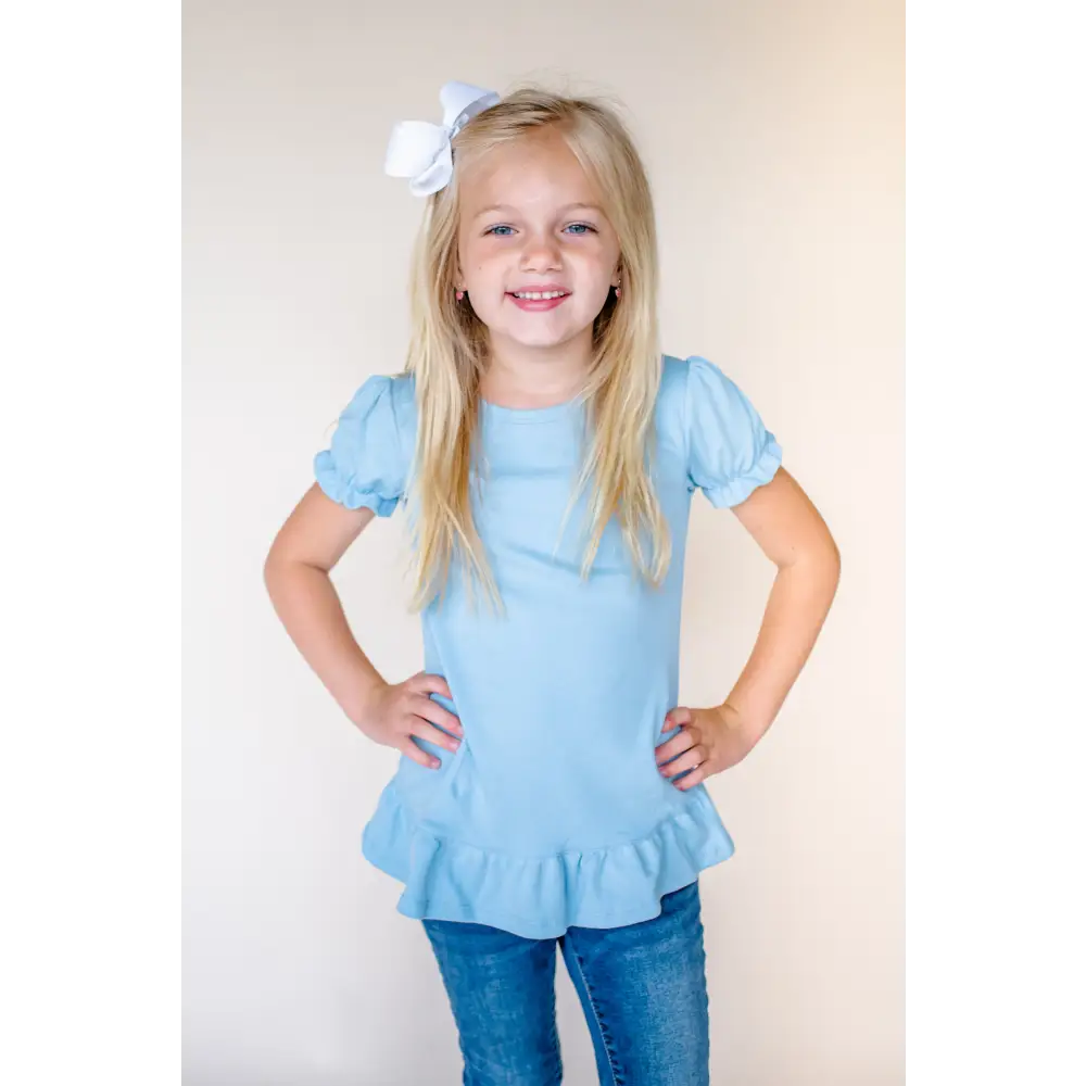 Girl’s Short Sleeve Ruffle Shirt (12M-Toddler) - Light Blue / 12M - ARB Blanks