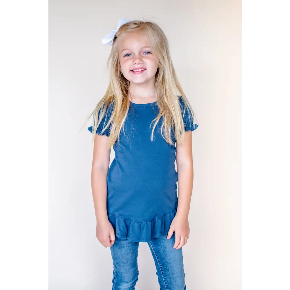 Girl’s Short Sleeve Ruffle Shirt (12M-Toddler) - Navy / 12M - ARB Blanks