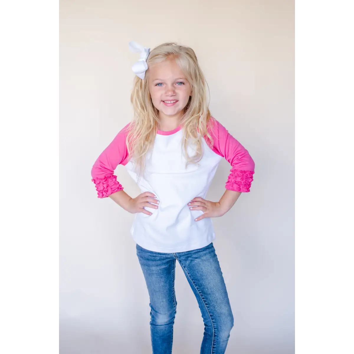 Girl’s Solid Triple Ruffle Raglans - Hot Pink / 12M - ARB Blanks