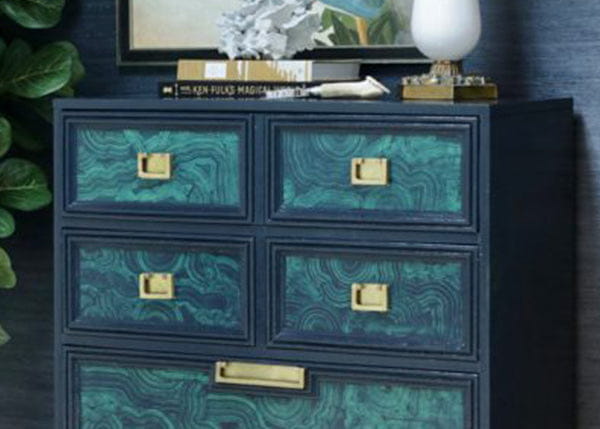 Dark blue Amy Howard step paint chest with teal marble fronts, gold handles