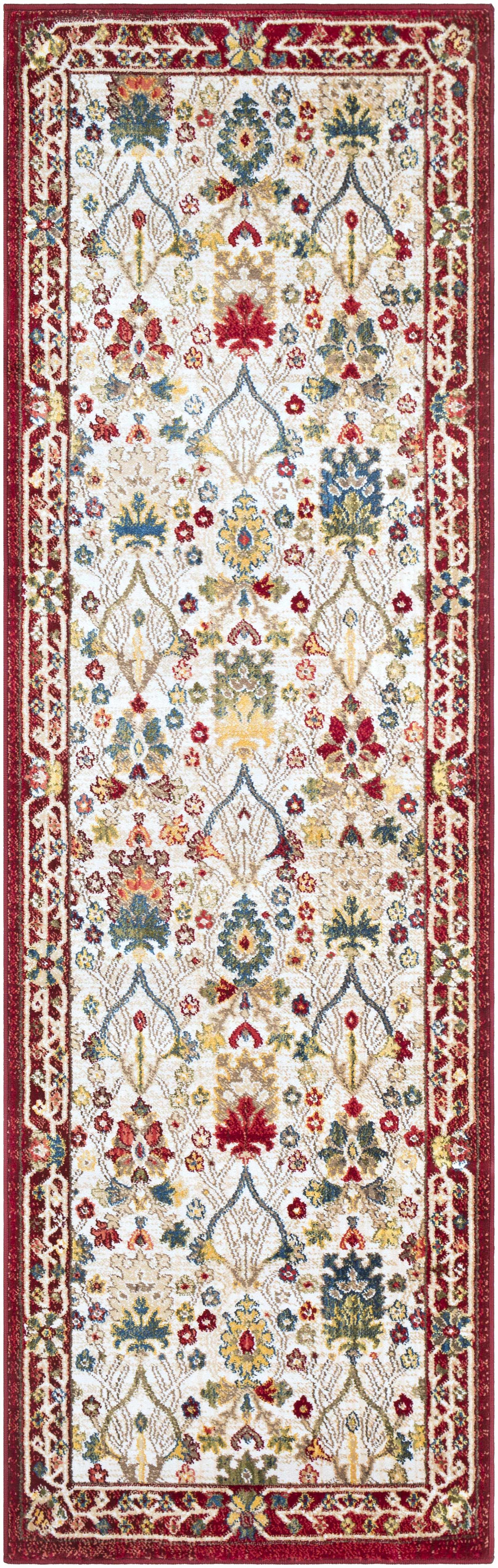 Neola White/Red Damask Area Rug - 2’6’’ x 7’10’’ Runner - Boutique Rugs