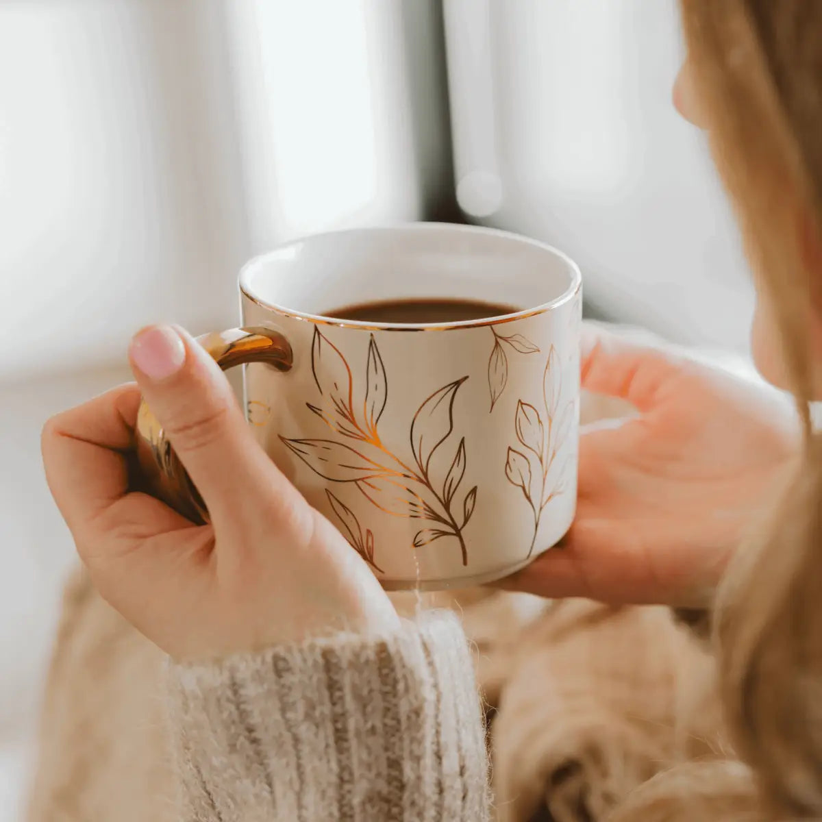 Gold Leaves 14oz. Gold Handle Coffee Mug - Sweet Water Decor