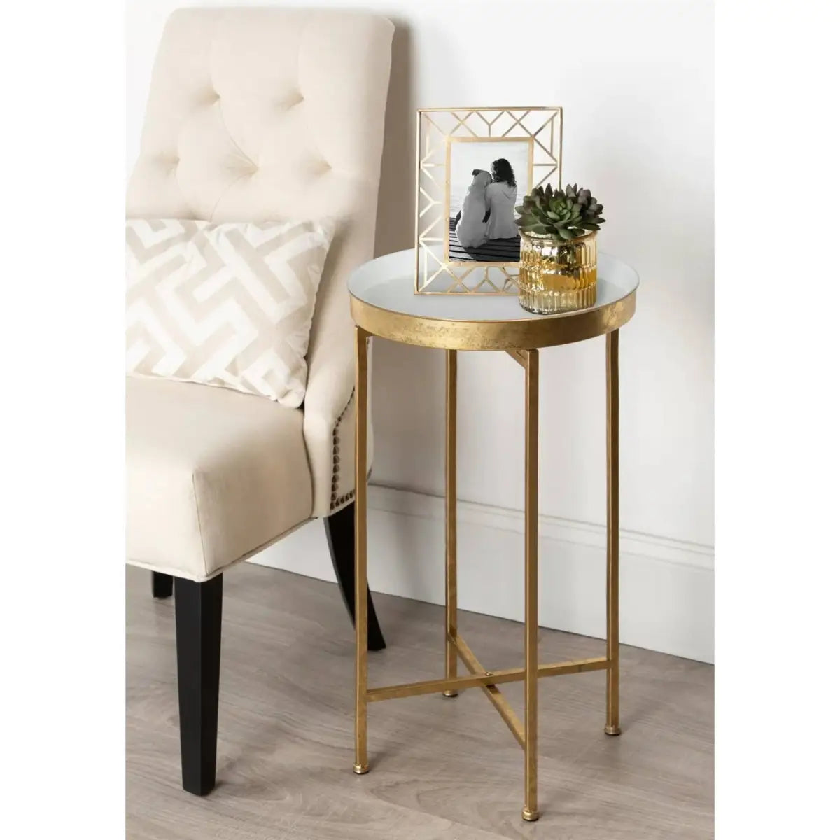 Gold Metal Round Nightstand End Table with Removable White Tray Top - HomePacific