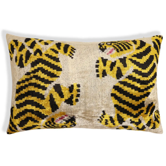 Golden Tiger Silk Velvet Lumbar Pillow – 16x24 Handmade Designer Cushion - Canvello