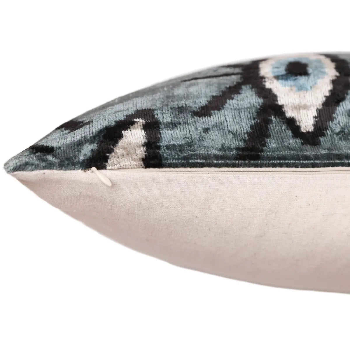 Gray Blue Eye Silk Velvet Lumbar Pillow – 16x24 Handmade Ikat Luxury Cushion - Canvello