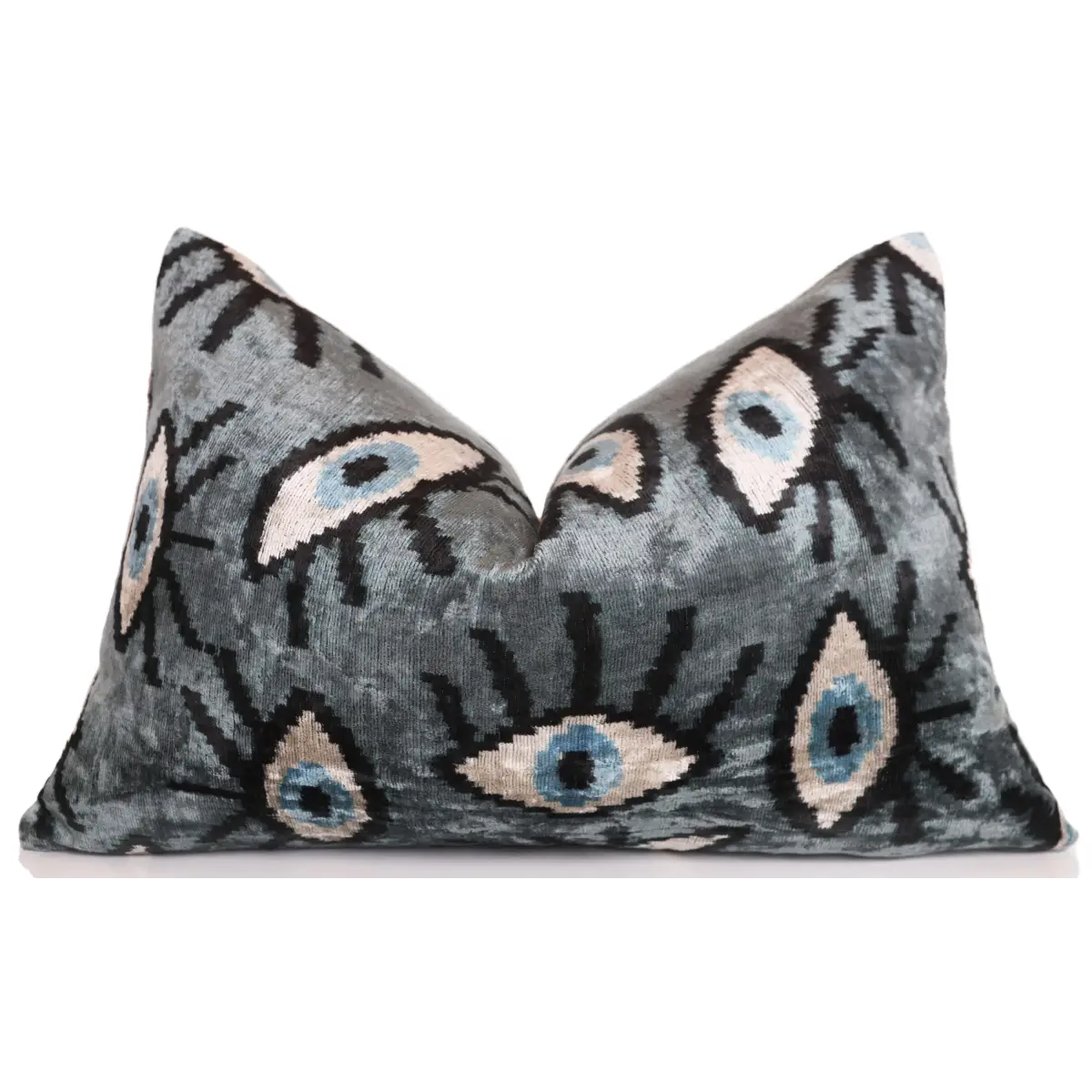 Gray Blue Eye Silk Velvet Lumbar Pillow – 16x24 Handmade Ikat Luxury Cushion - Canvello