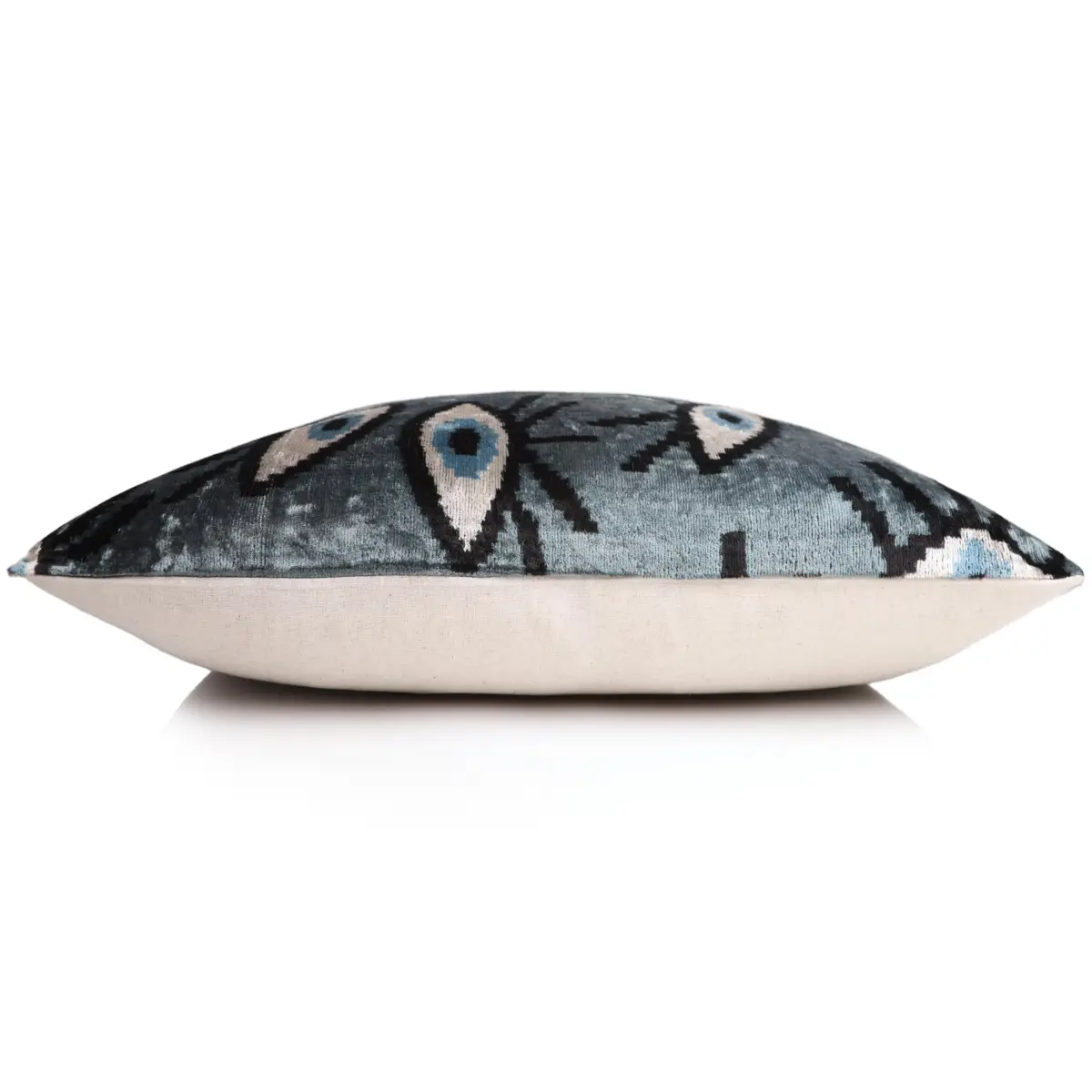 Gray Blue Eye Silk Velvet Lumbar Pillow – 16x24 Handmade Ikat Luxury Cushion - Canvello