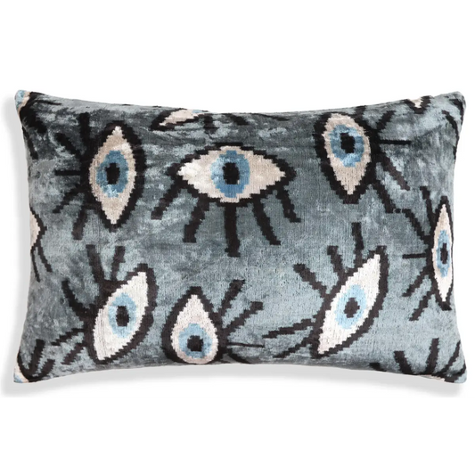 Gray Blue Eye Silk Velvet Lumbar Pillow – 16x24 Handmade Ikat Luxury Cushion - Canvello
