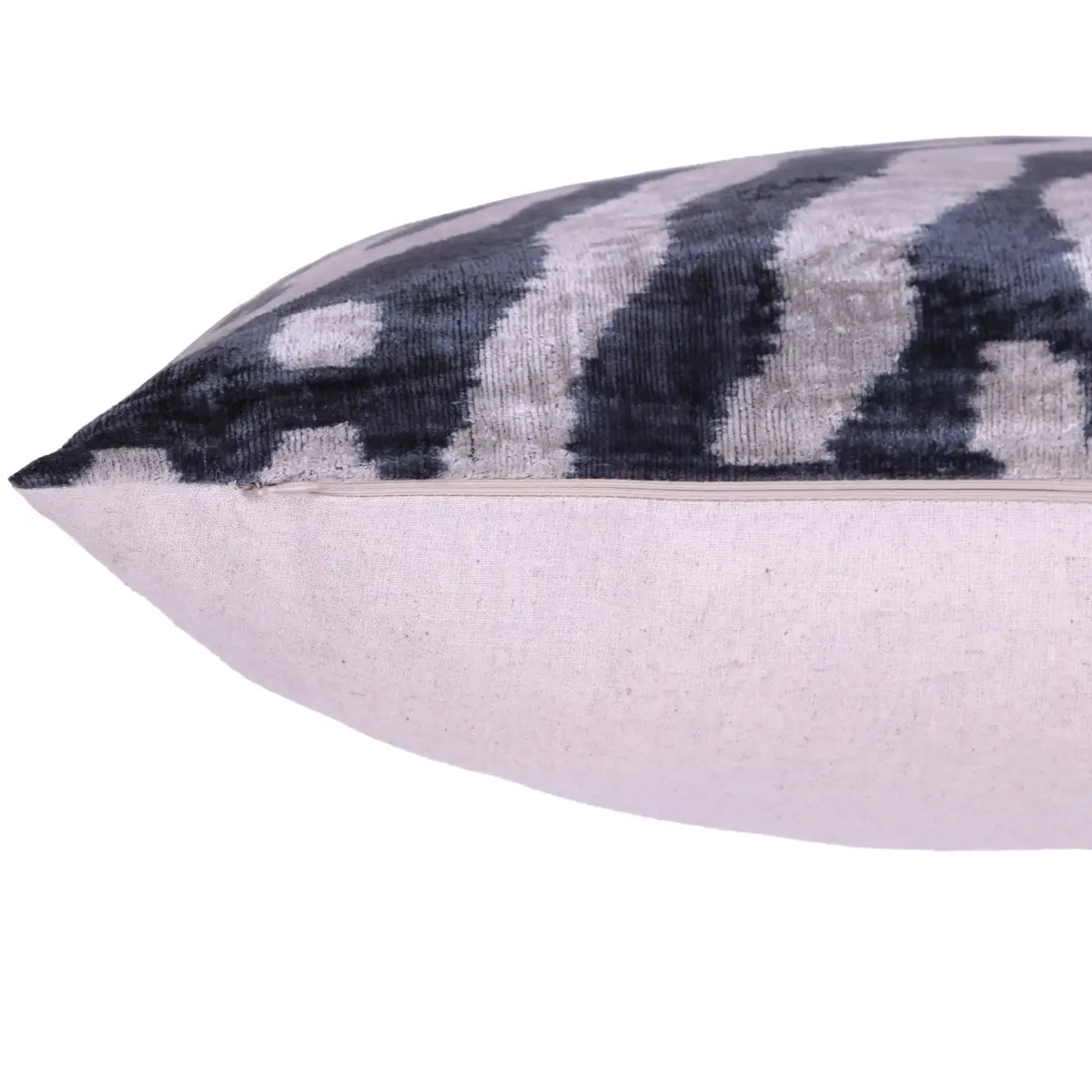 Luxury Silk Velvet Pillow – Handmade Gray Cream Ikat Throw Square 16x16 - Canvello
