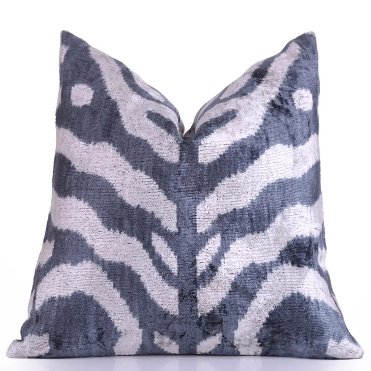 Luxury Silk Velvet Pillow – Handmade Gray Cream Ikat Throw Square 16x16 - Canvello