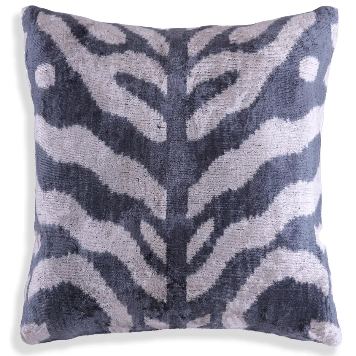 Luxury Silk Velvet Pillow – Handmade Gray Cream Ikat Throw Square 16x16 - Canvello