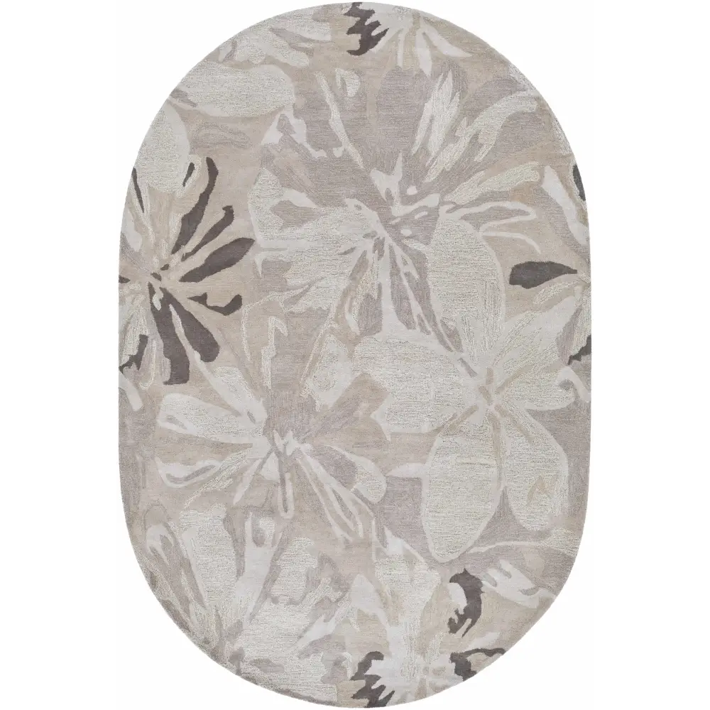 Gray Modern Floral Wool Rug - 6’ x 9’ Oval - Boutique Rugs
