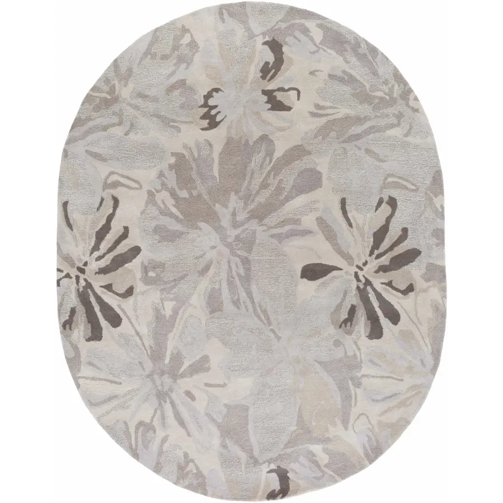 Gray Modern Floral Wool Rug - 8’ x 10’ Oval - Boutique Rugs