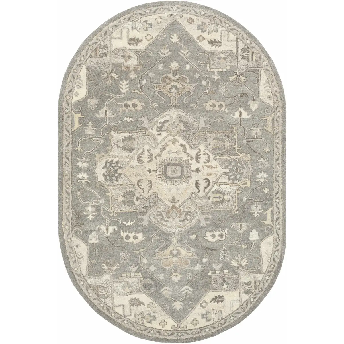 Gray Taupe Hand Tufted Traditional Wool Rug - 6’ x 9’ Oval - Boutique Rugs