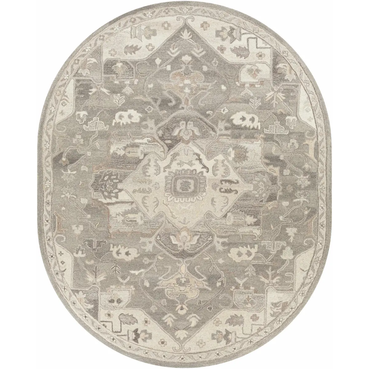 Gray Taupe Hand Tufted Traditional Wool Rug - 8’ x 10’ Oval - Boutique Rugs
