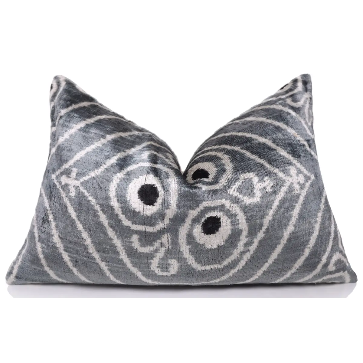 Gray & White Silk Velvet Ikat Lumbar Pillow 16x24 – Handmade - Canvello