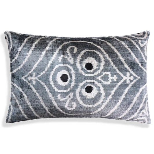 Gray & White Silk Velvet Ikat Lumbar Pillow 16x24 – Handmade - Canvello