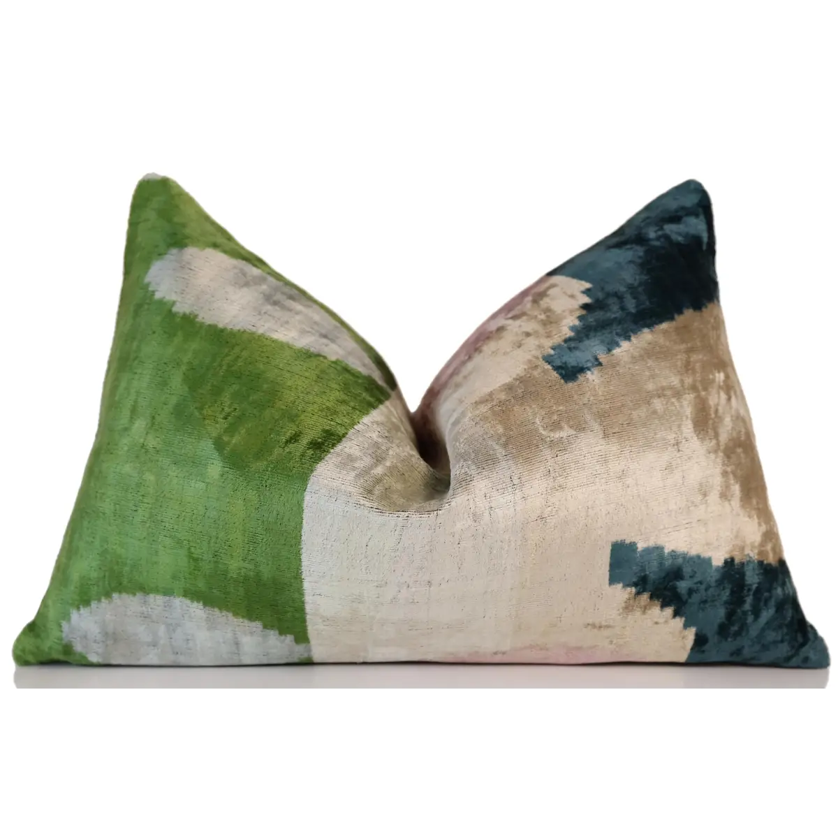 Green and Beige Abstract Silk Velvet Pillow 16x24 Handmade Luxury Cushion - Canvello