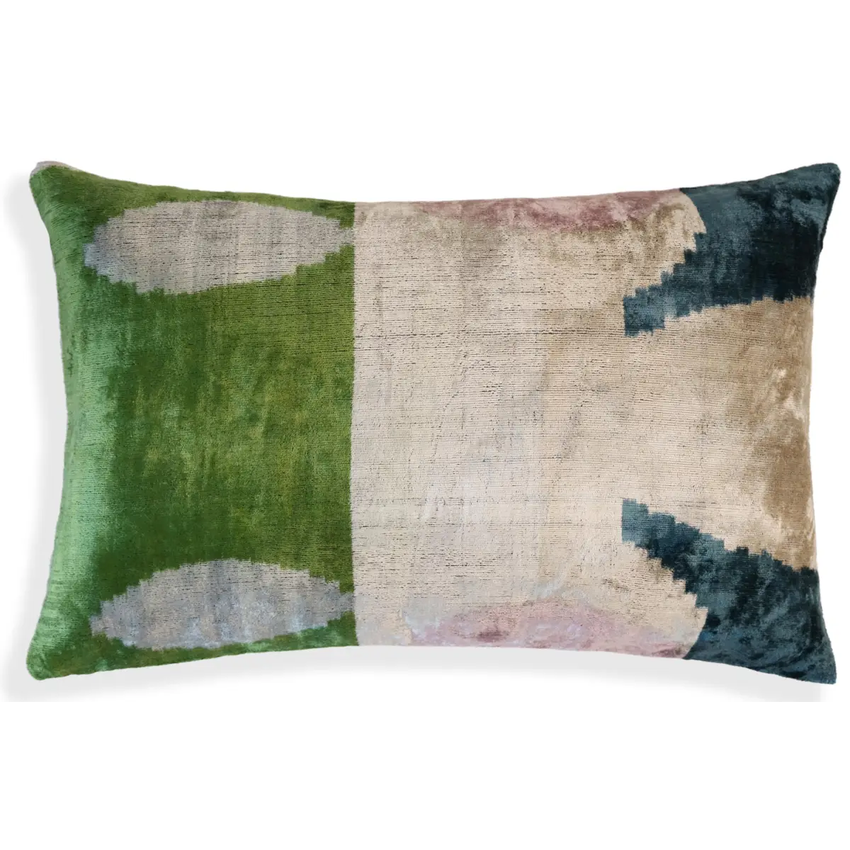 Green and Beige Abstract Silk Velvet Pillow 16x24 Handmade Luxury Cushion - Canvello