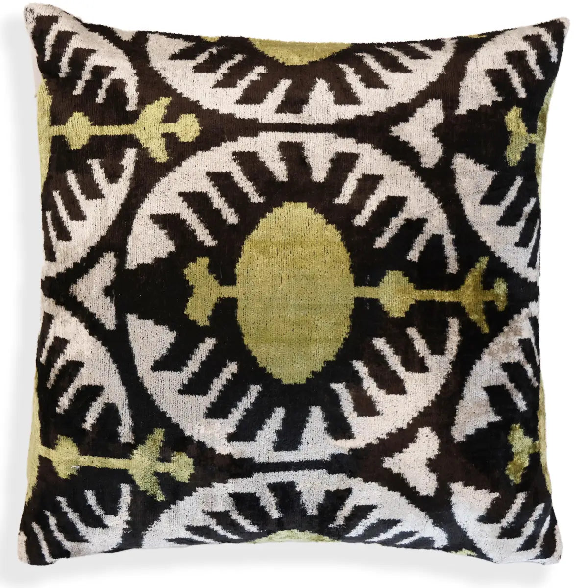 Green and Black Silk Velvet Ikat Pillow 16x16 Handmade Luxury Cushion - Canvello