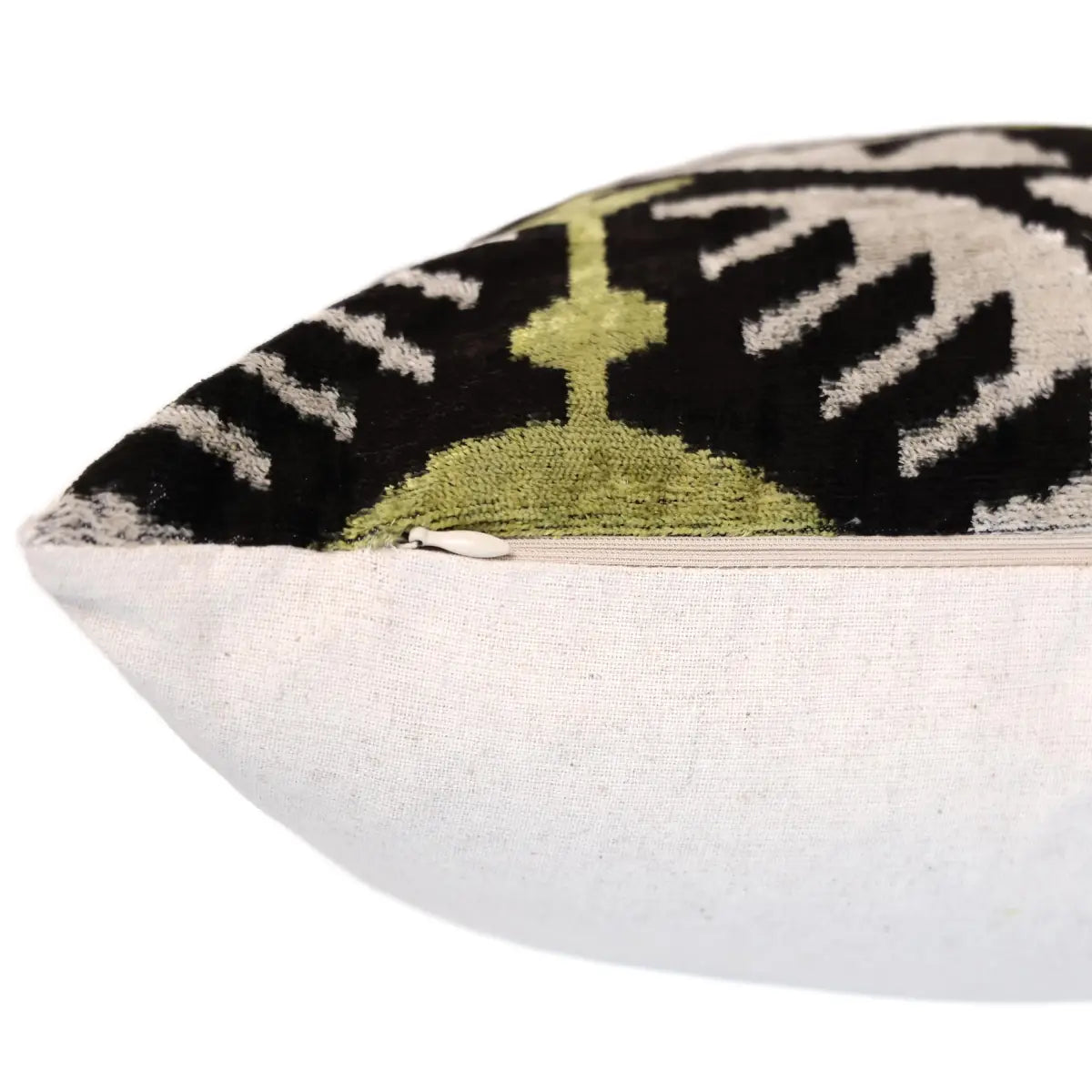 Green and Black Silk Velvet Ikat Pillow 16x16 Handmade Luxury Cushion - Canvello