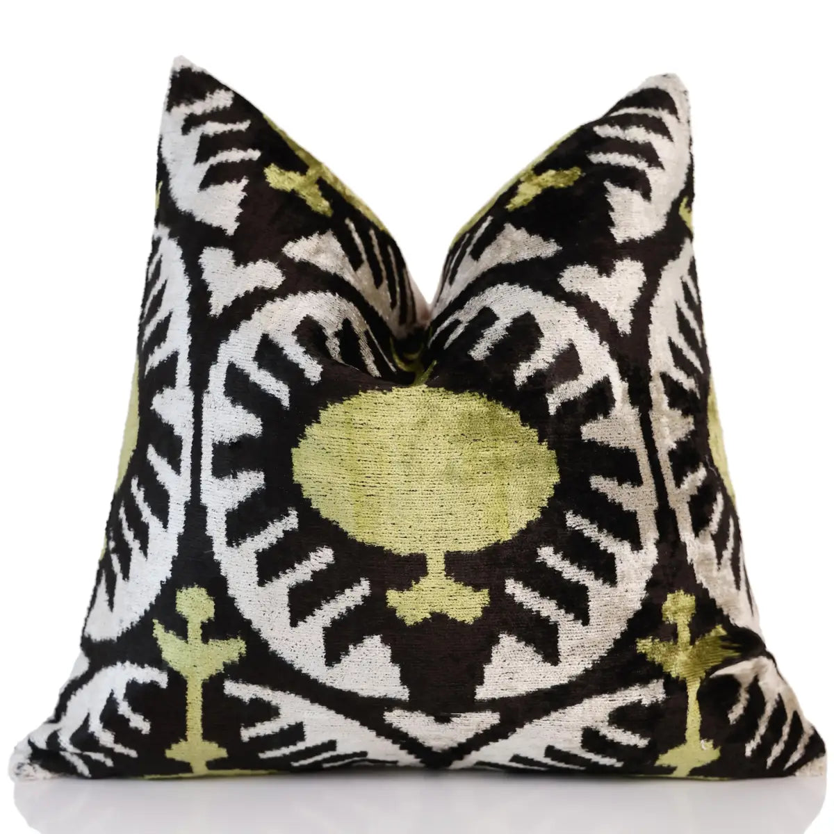 Green and Black Silk Velvet Ikat Pillow 16x16 Handmade Luxury Cushion - Canvello