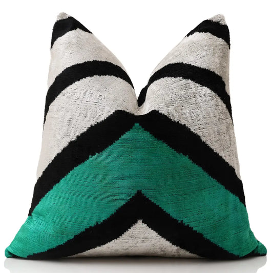 Green Chevron Silk Velvet Throw Pillow 20x20 - Handmade Organic Luxury - Canvello