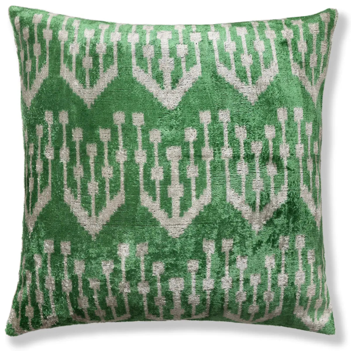 Green Ikat Silk Velvet Pillow 20x20 Inch - Luxury Organic Handwoven Decorative Throw Pillow - Canvello