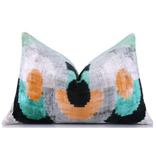 Green Orange Abstract Silk Velvet Lumbar Pillow – 16x24 Handmade Modern Cushion - Canvello