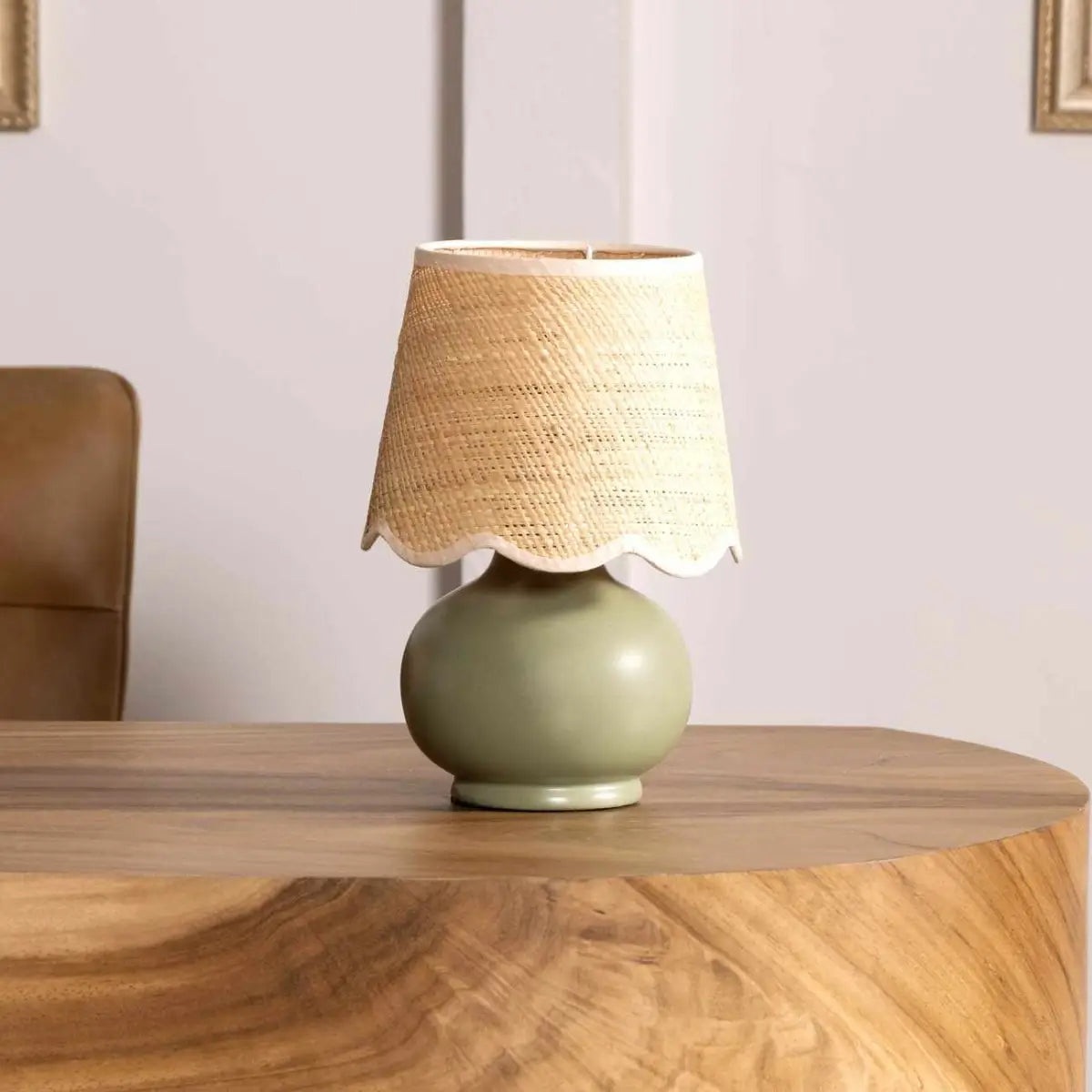 Green Table Lamp with Scalloped Shade - 13’’H x 8’’W x 8’’D - Boutique Rugs