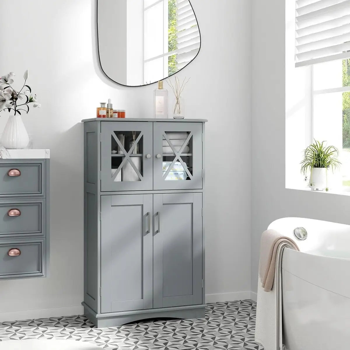 Grey Bathroom Towel Linen Cabinet with Glass Doors and Storage Shelves - HomePacific
