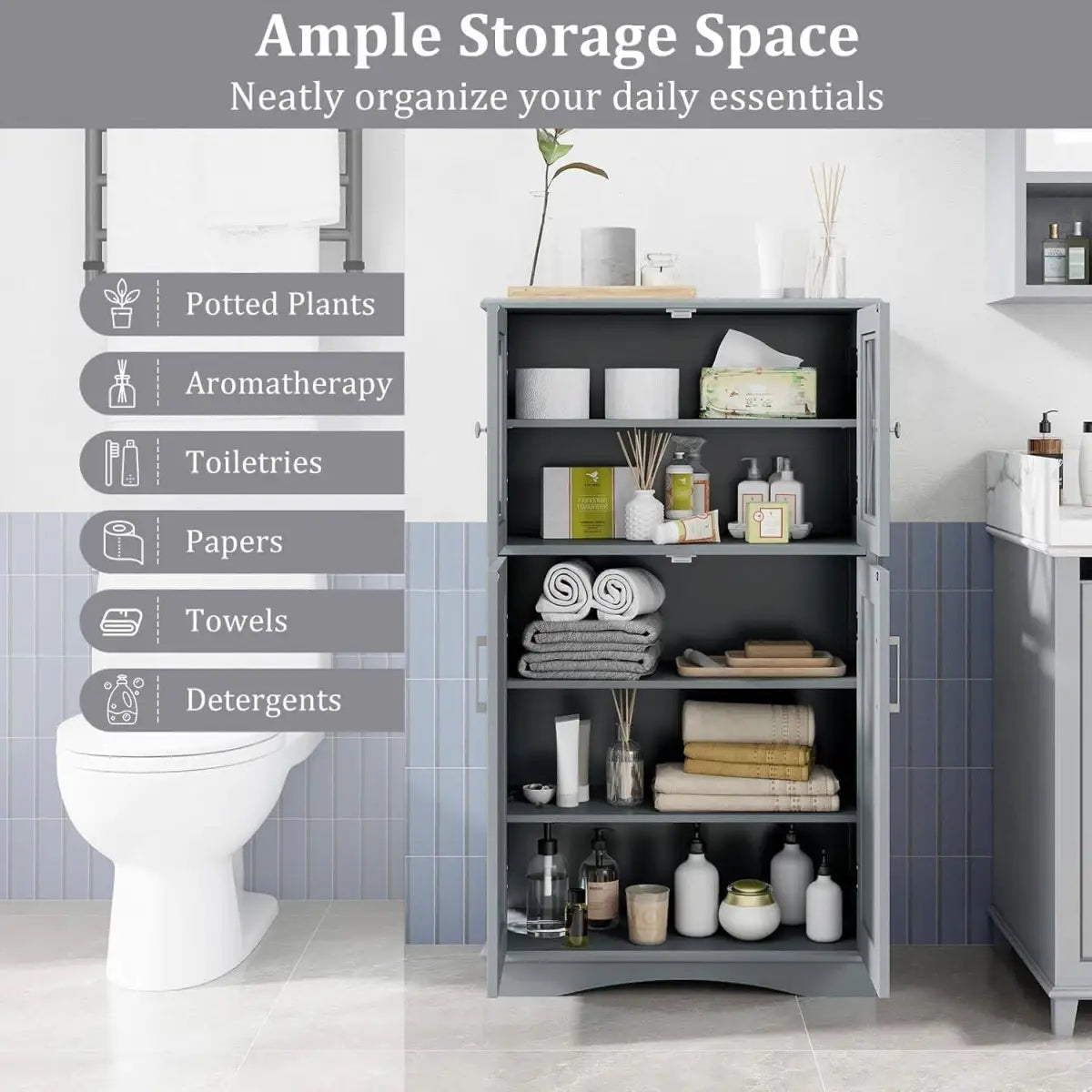Grey Bathroom Towel Linen Cabinet with Glass Doors and Storage Shelves - HomePacific
