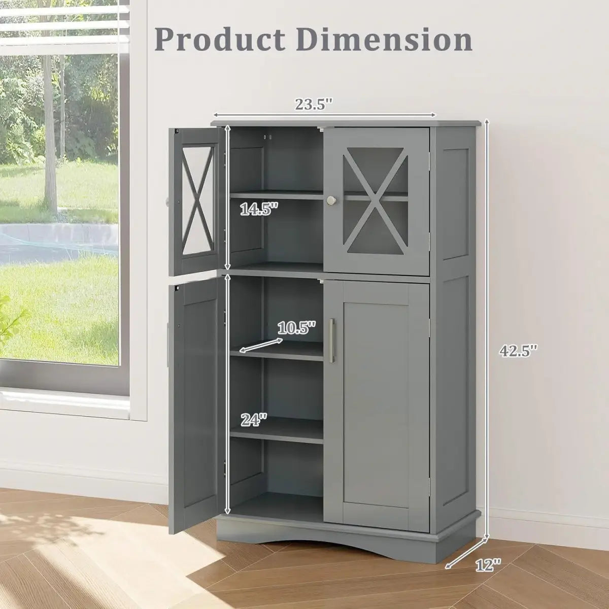 Grey Bathroom Towel Linen Cabinet with Glass Doors and Storage Shelves - HomePacific